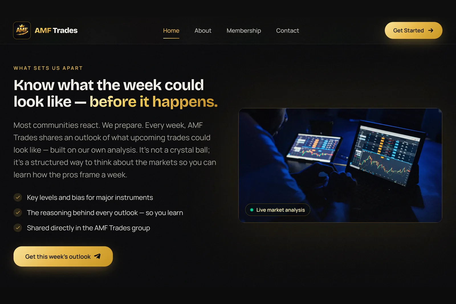 AMF Trades — trading community & education, black & gold