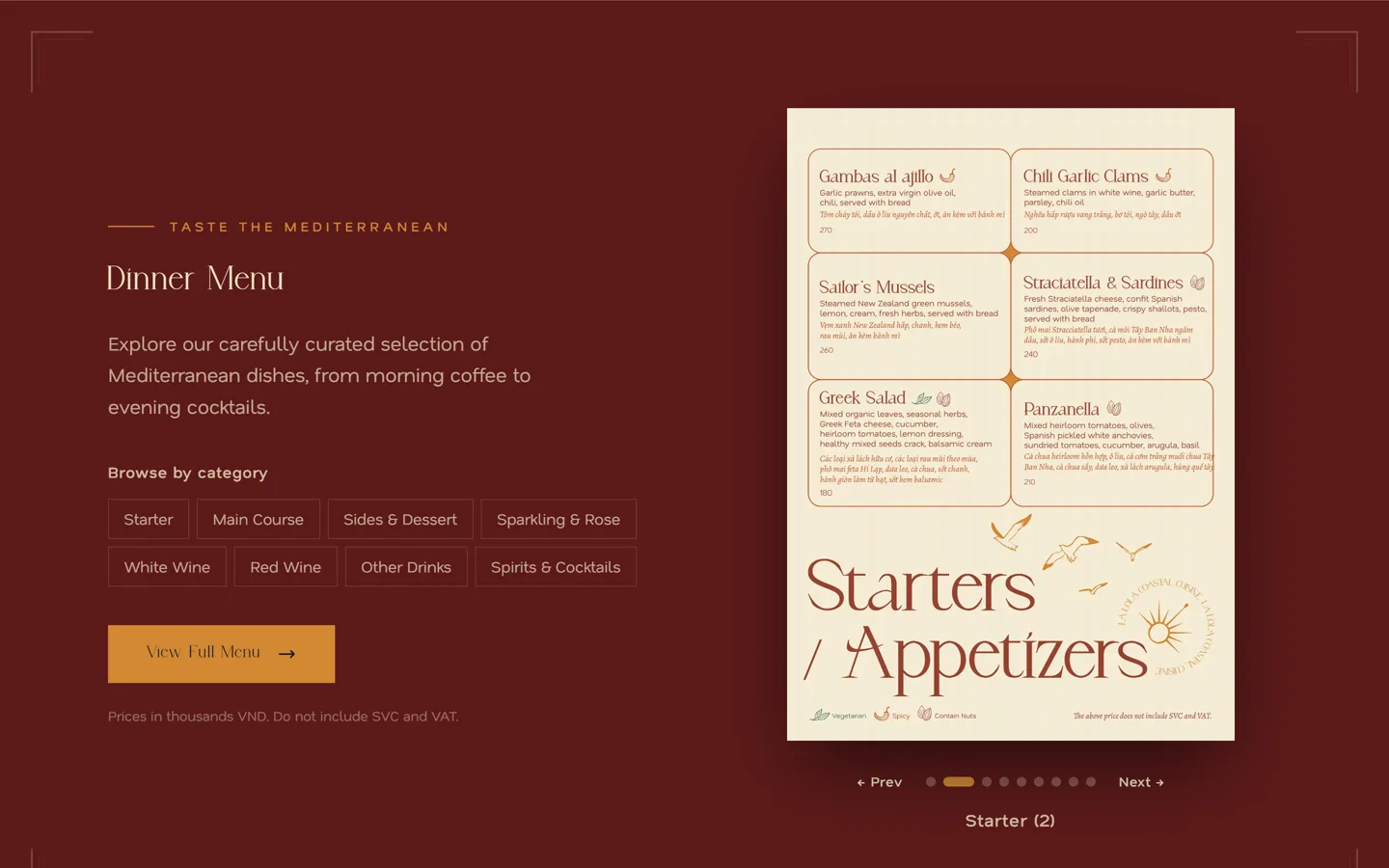 La Lola Saigon dinner menu, browsable by category