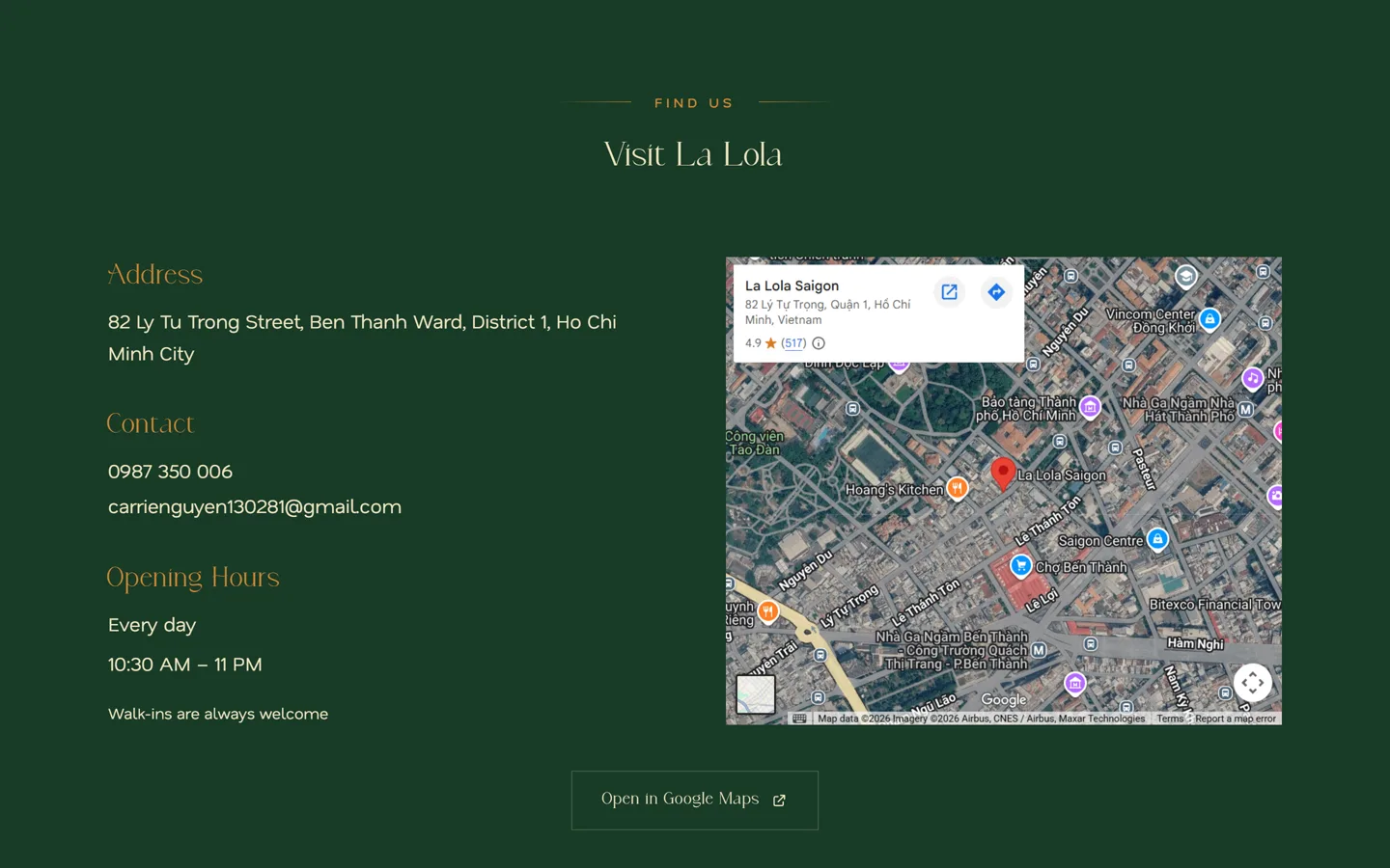 La Lola Saigon find-us section — address, opening hours and a map