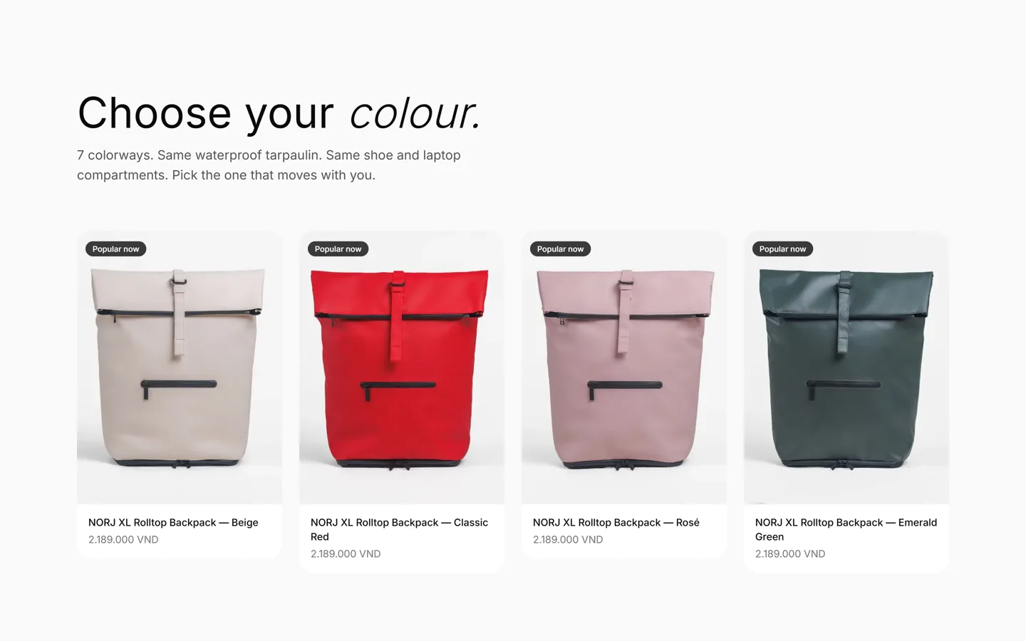 NORJ colourway picker — seven colours, each priced