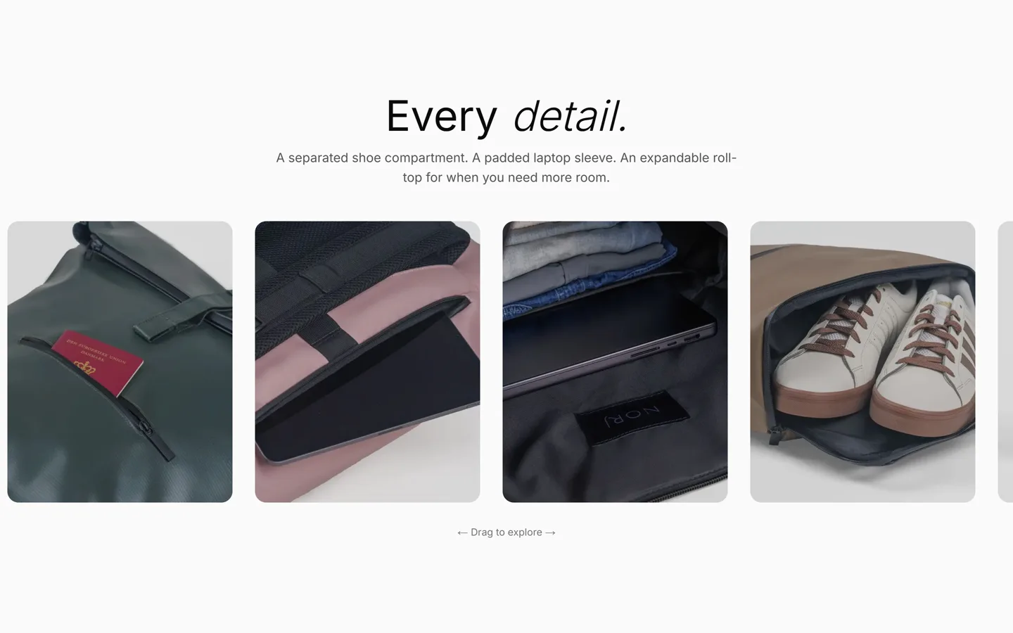 NORJ product close-ups — shoe compartment, laptop sleeve, roll-top